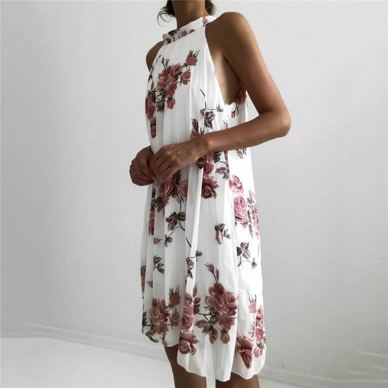 Boho Beach Summer Sleeveless Halter Floral Dress