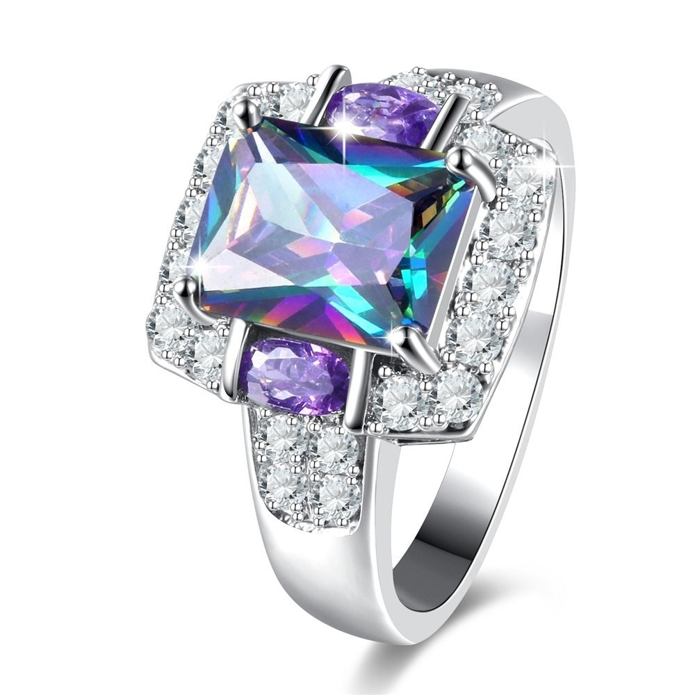 Mystic Rainbow Colorful Crystal Inlay Wedding Engagement Ring