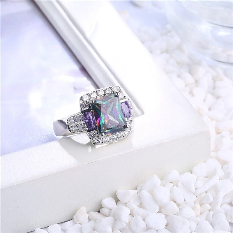 Mystic Rainbow Colorful Crystal Inlay Wedding Engagement Ring