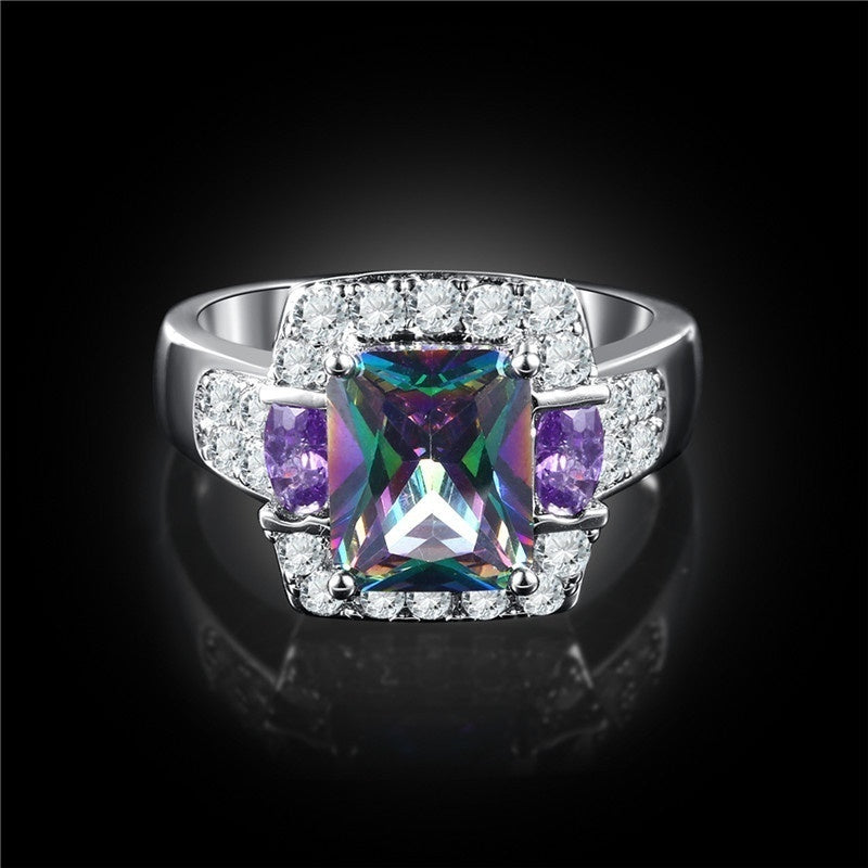 Mystic Rainbow Colorful Crystal Inlay Wedding Engagement Ring