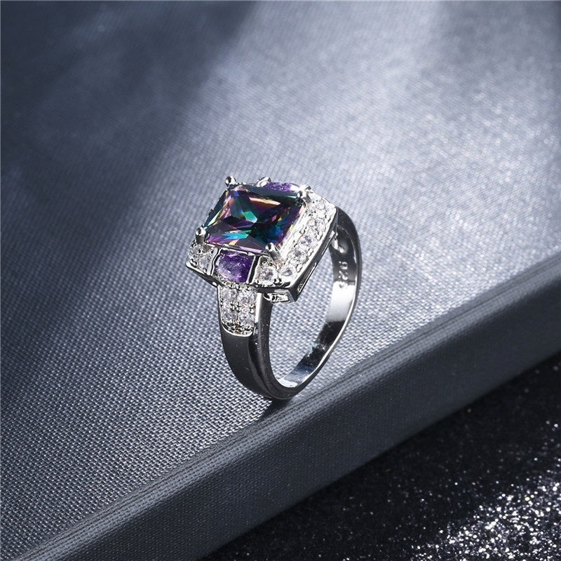 Mystic Rainbow Colorful Crystal Inlay Wedding Engagement Ring