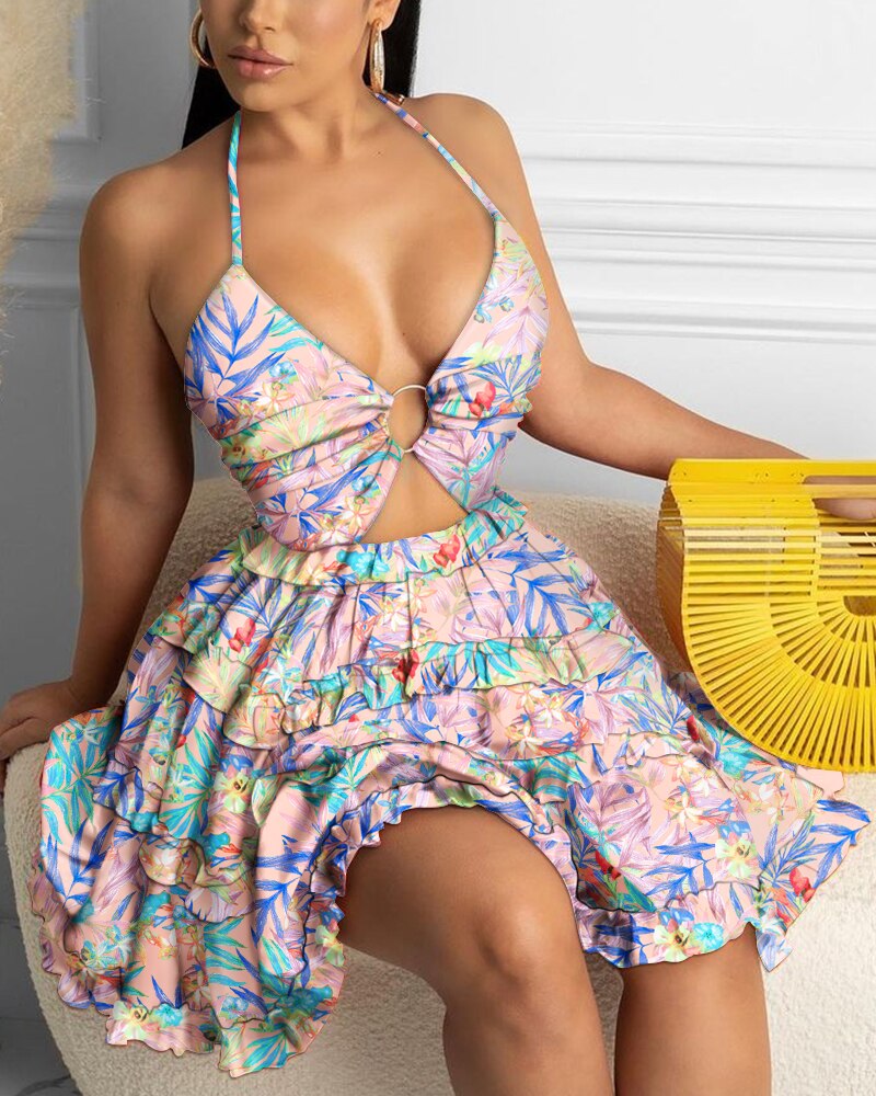 Sexy Backless Halter Geo Print Mini Dress