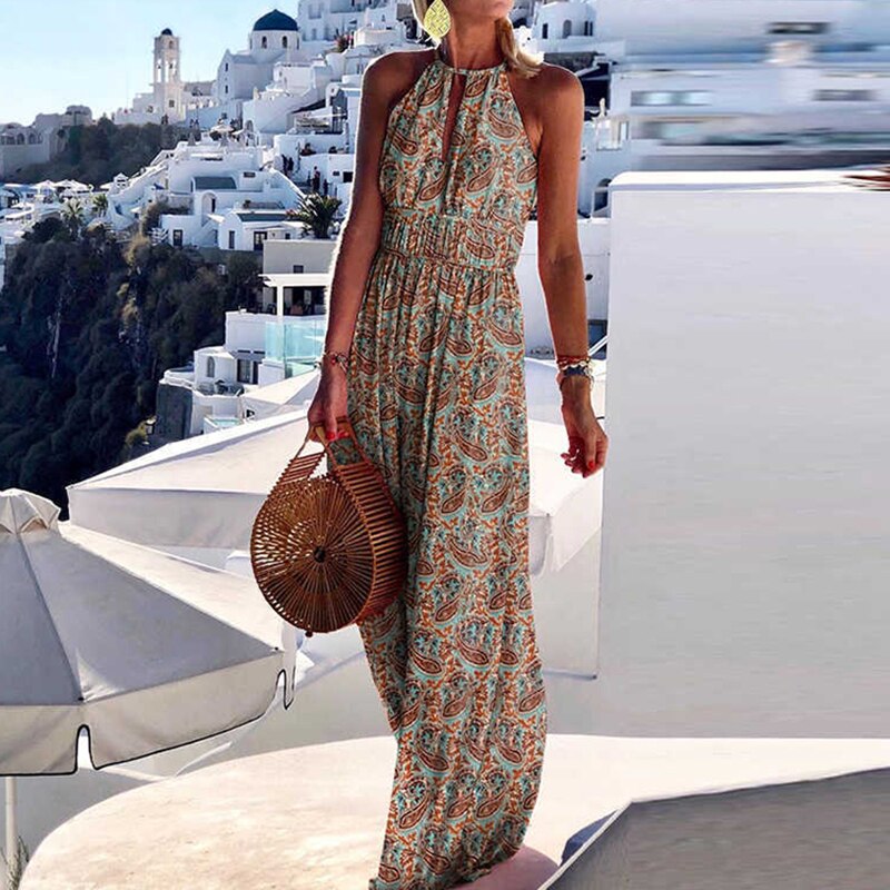 Bohemian Sleeveless  O Neck Halter Print Beach Dress