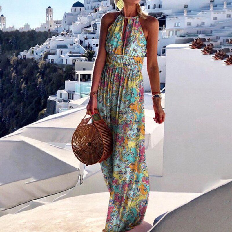 Bohemian Sleeveless  O Neck Halter Print Beach Dress