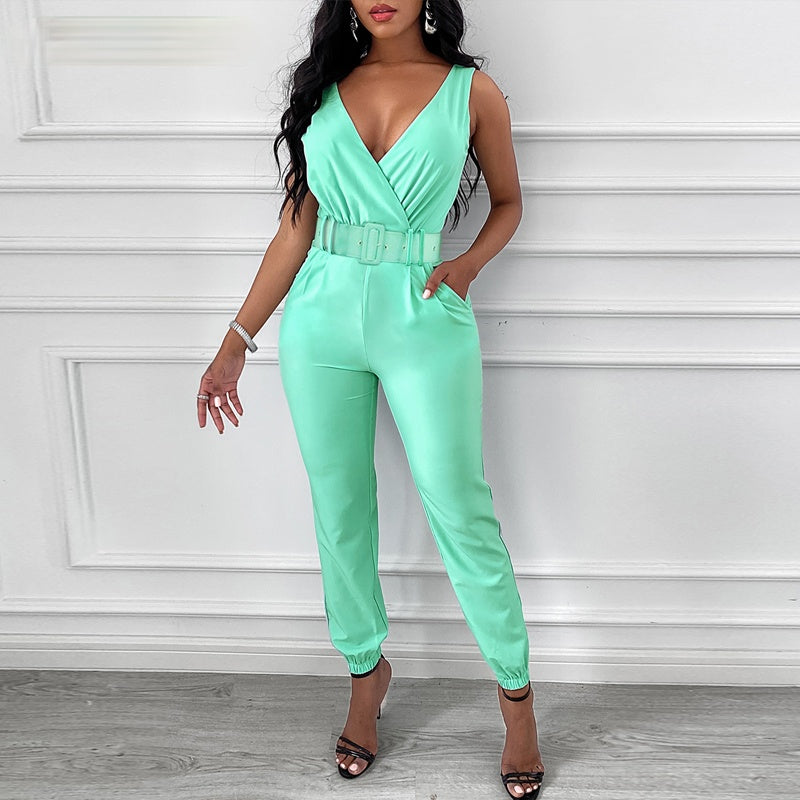 Solid Sleeveless Pocket Design Backless Jumpsuit with Belt