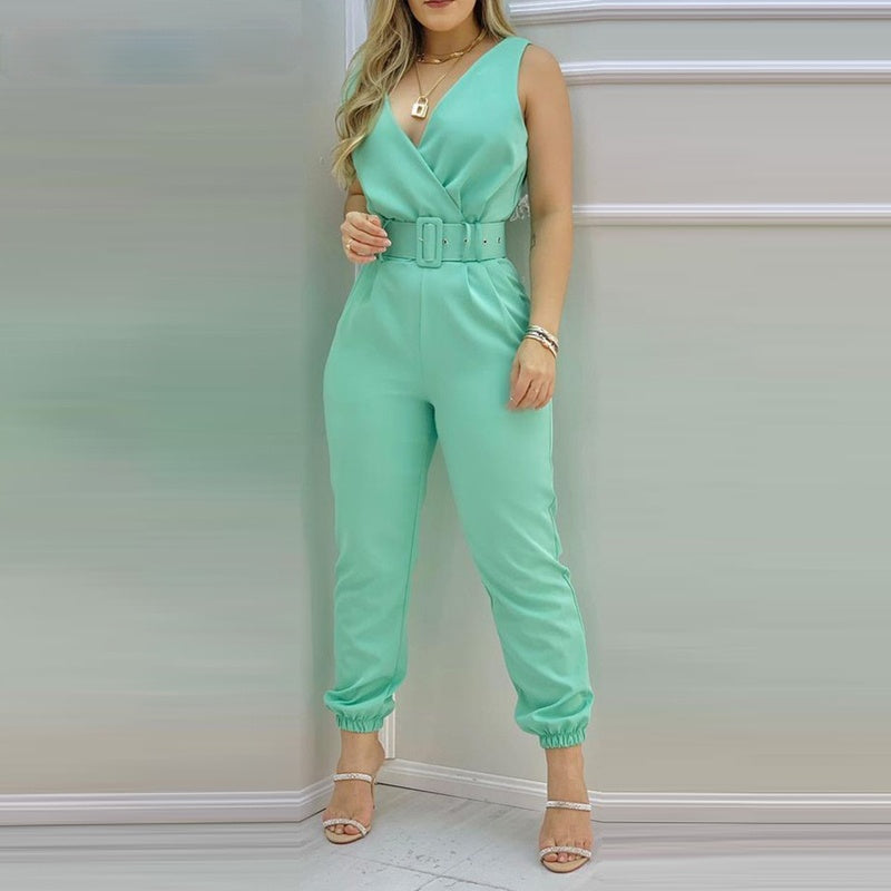 Solid Sleeveless Pocket Design Backless Jumpsuit with Belt