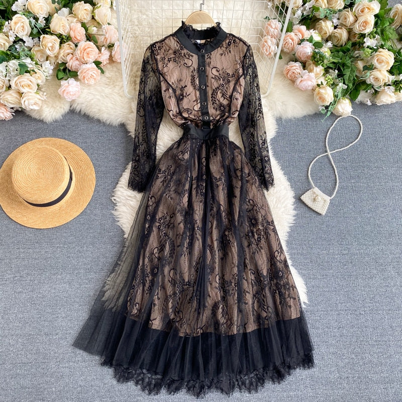 Spring Autumn Vintage Lace O Neck Floral Print High Waist Mid Calf Dress