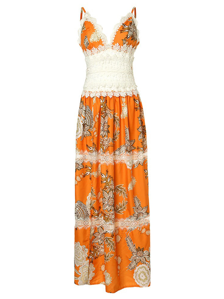 Floral Print Contrast Lace Split Hem Maxi Dress