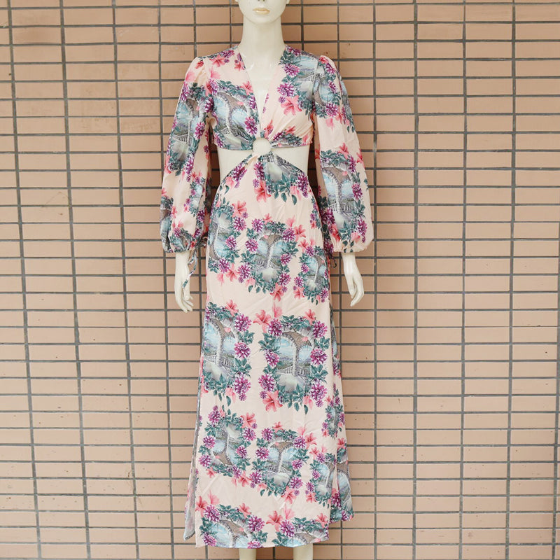 Floral Print Cutout Thigh Slit Maxi Dress