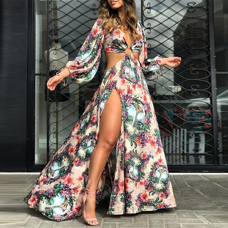 Floral Print Cutout Thigh Slit Maxi Dress