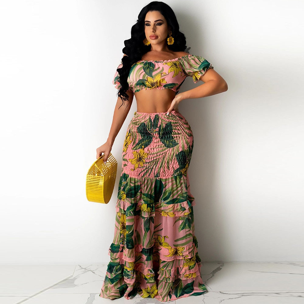 Slash Neck Crop Tops and Rruched Ruffles Mermaid Maxi Skirt Outfit