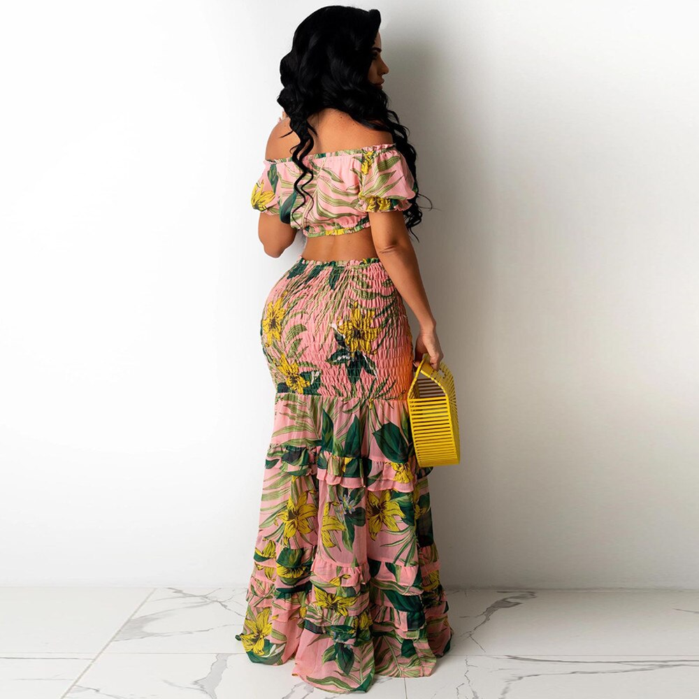 Slash Neck Crop Tops and Rruched Ruffles Mermaid Maxi Skirt Outfit