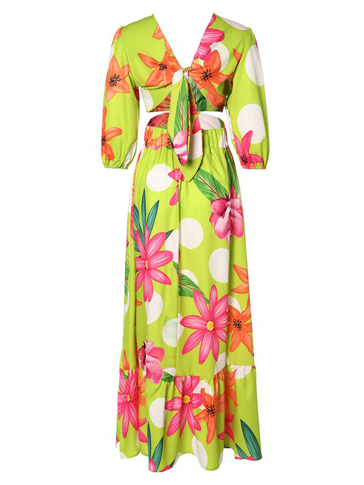 Floral Print O-Ring Twist Cutout Split Thigh Maxi Dress