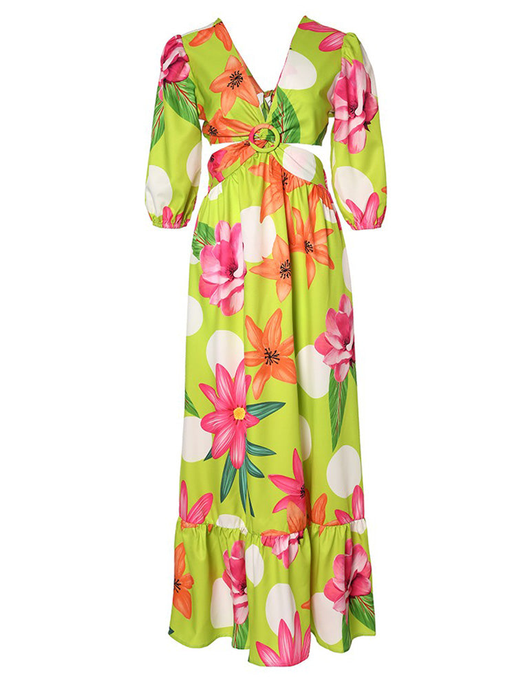 Floral Print O-Ring Twist Cutout Split Thigh Maxi Dress