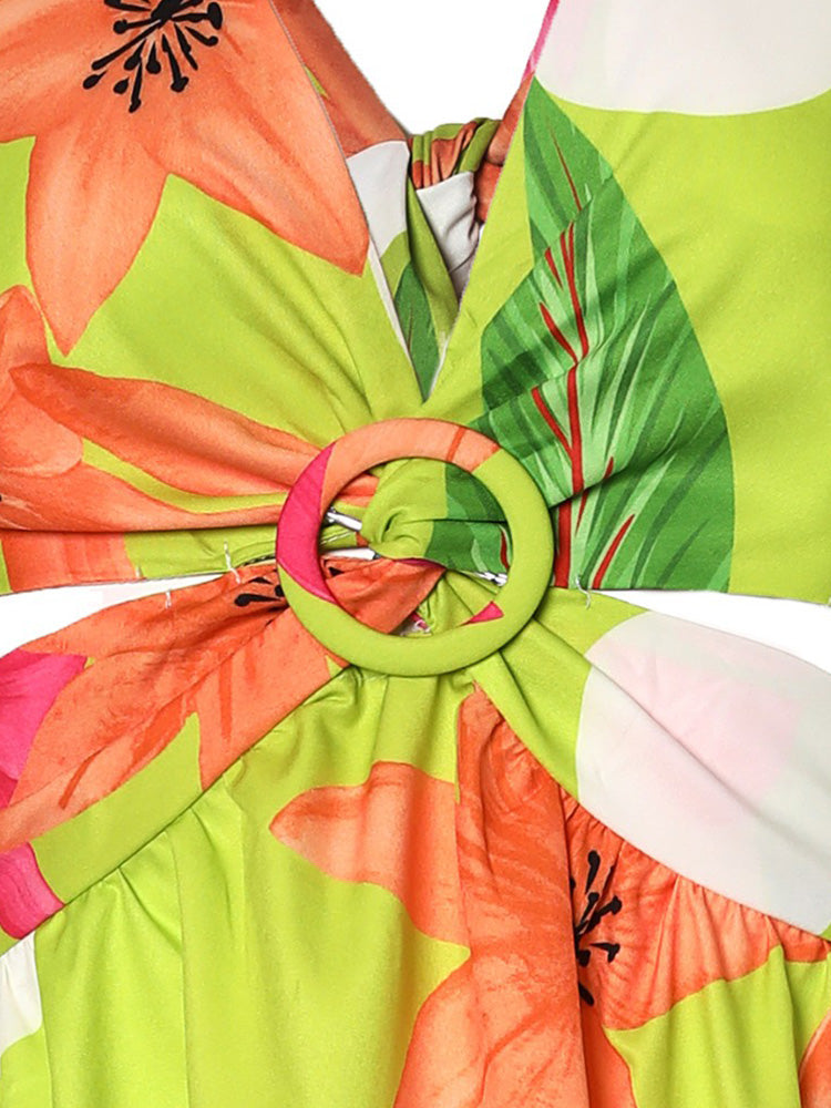 Floral Print O-Ring Twist Cutout Split Thigh Maxi Dress