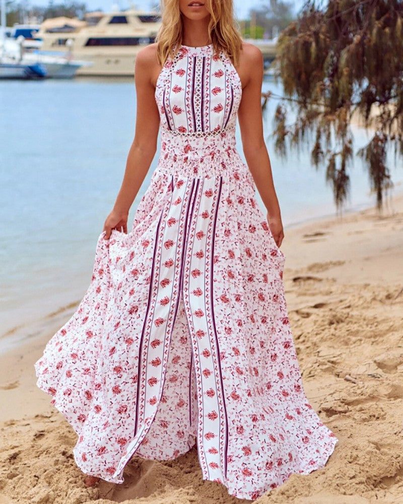 Floral Print Sleeveless Halter High Slit Bohemian Maxi Dress