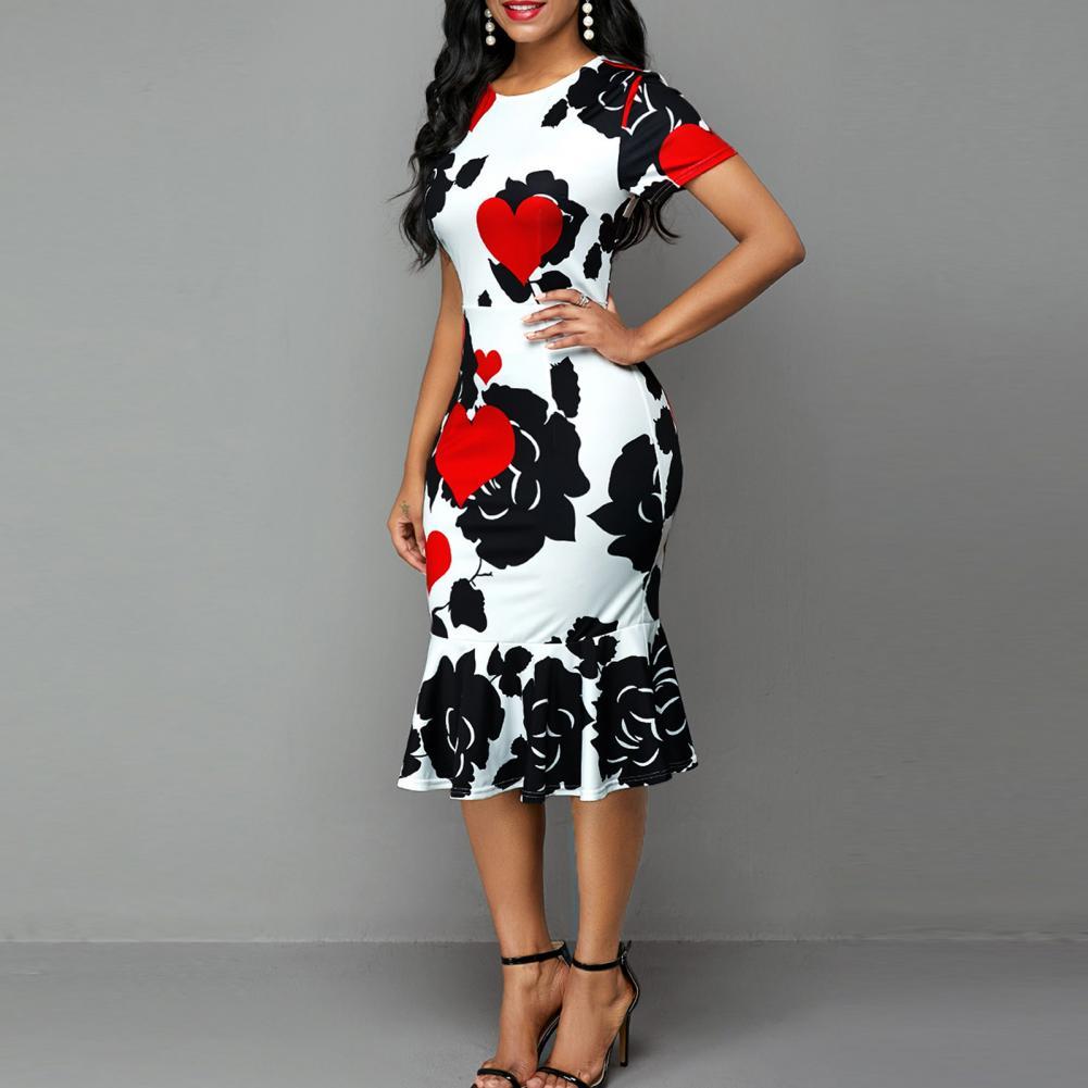 O Neck Short Sleeve Printed Ruffles Bodycon Dress Party