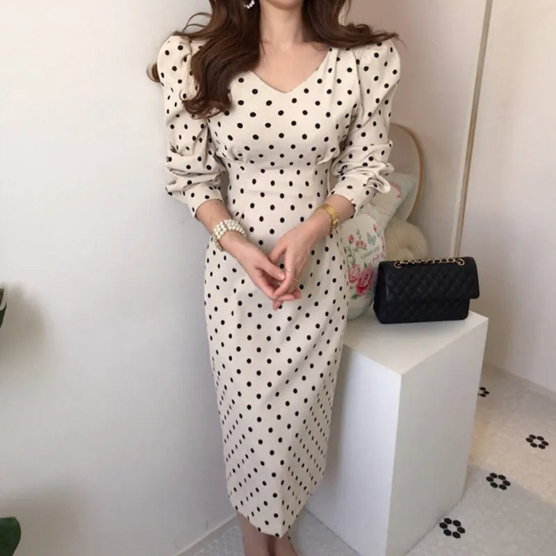 Spring Autumn Vintage Elegant Polka Dot Long Sleeves Dresses