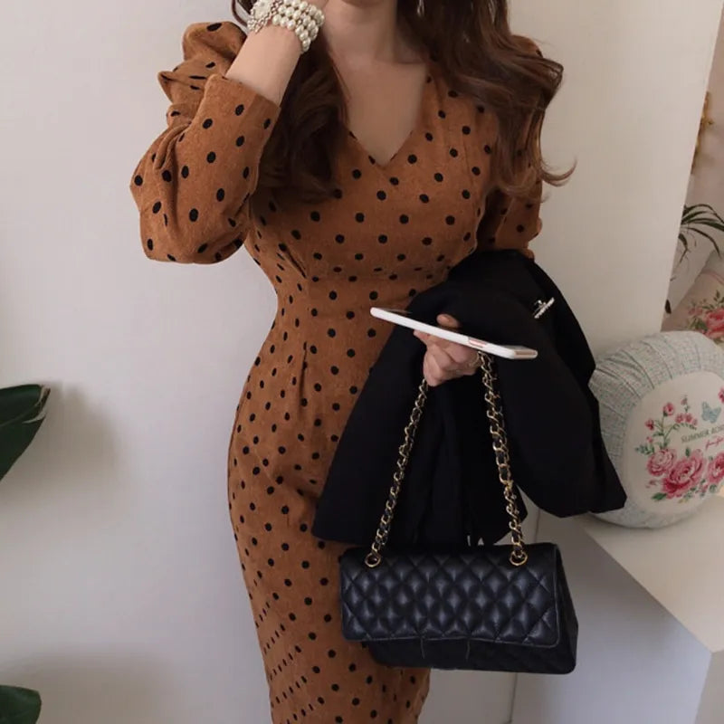 Spring Autumn Vintage Elegant Polka Dot Long Sleeves Dresses