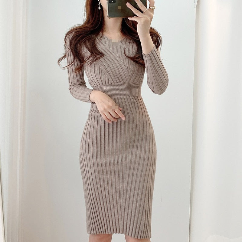 Spring Autumn New V-Neck Sheath Office Knitted Dress