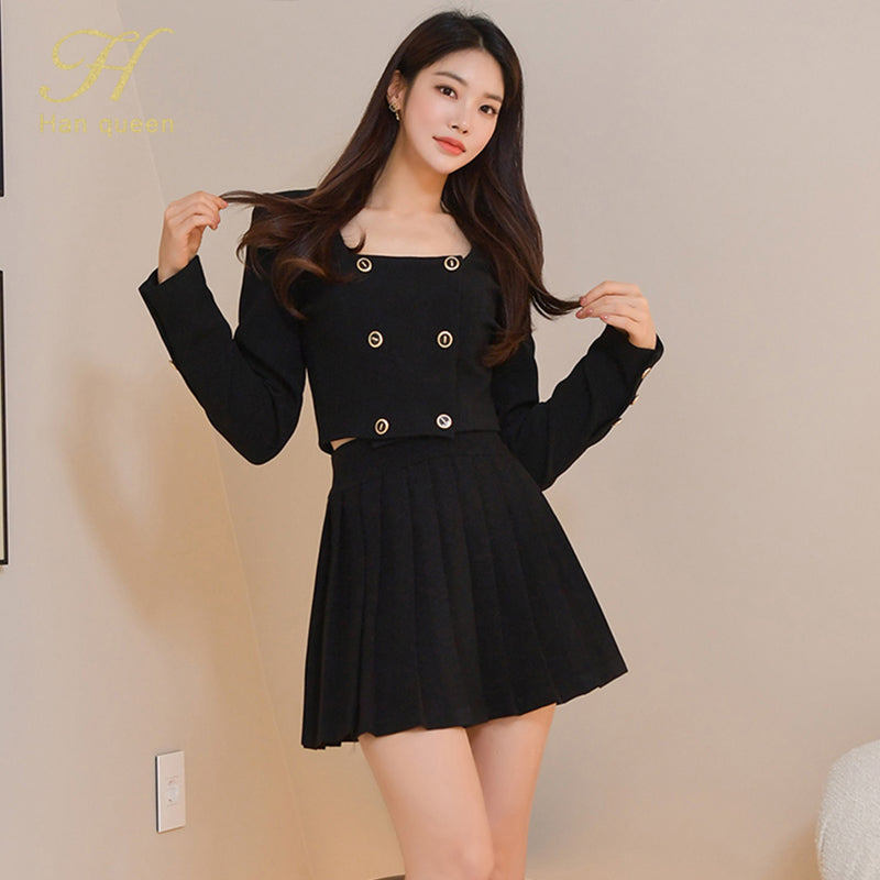 Two-piece Square Collar Double-breasted Coat +Fashion Mini Pleated Skirt