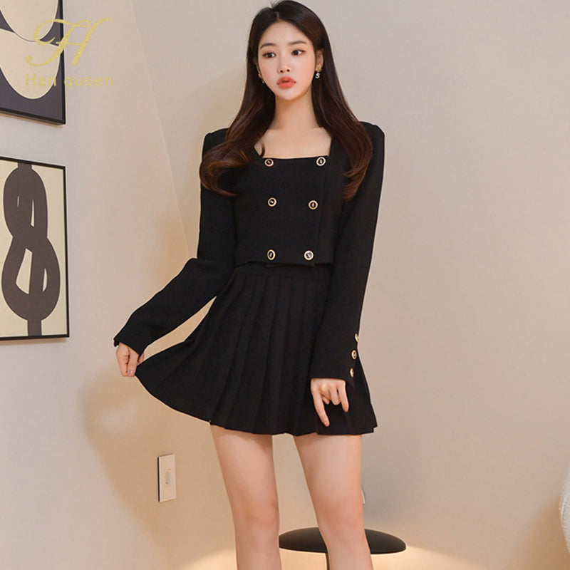 Two-piece Square Collar Double-breasted Coat +Fashion Mini Pleated Skirt