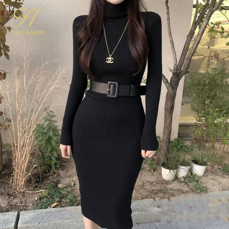 Knitted Bodycon Soft Turtleneck Sweater Autumn Winter Midi Dresses With Belt