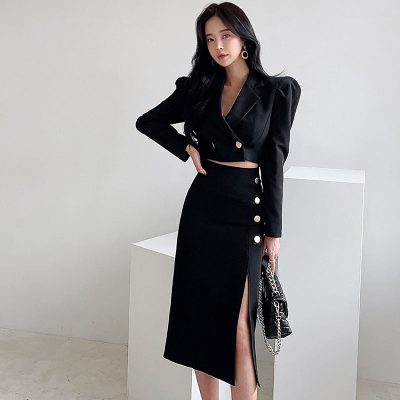 Short Suit Jacket Crop Top + Single-breasted Split Sheath Bodycon Pencil Skirt