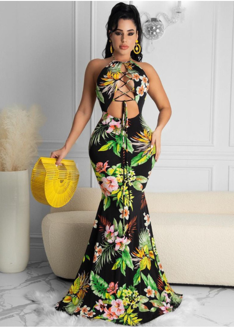 Halter Floral Printed Backless Maxi Dress