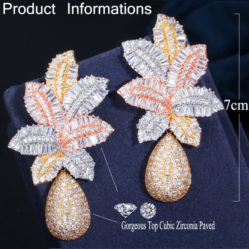 Zircons 3 Tone Gold Color Luxury Large Leaf Drop Flower Micro Cubic Zirconia Earring