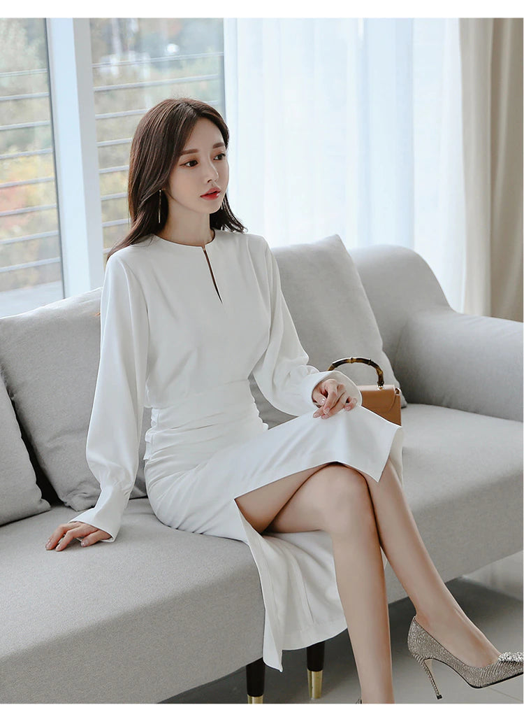 Autumn Solid White Slim Office Bodycon Pencil Dress