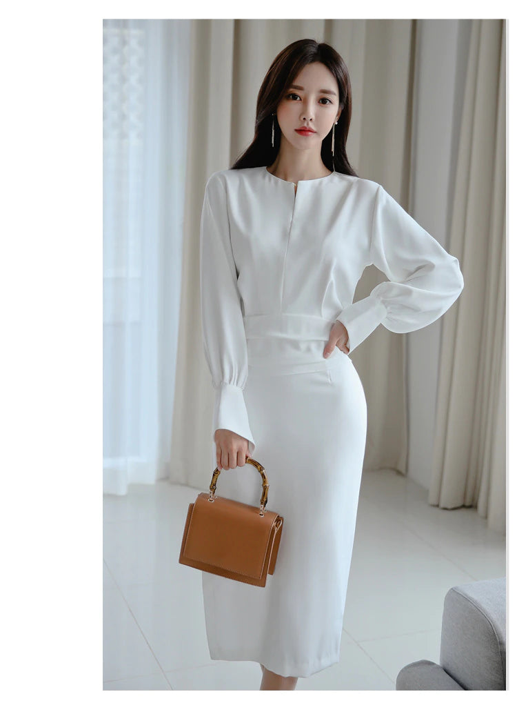 Autumn Solid White Slim Office Bodycon Pencil Dress