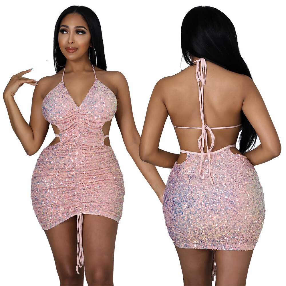 Spaghetti Strap V-Neck Drawstring Ruched Backless Bodycon Mini Dress