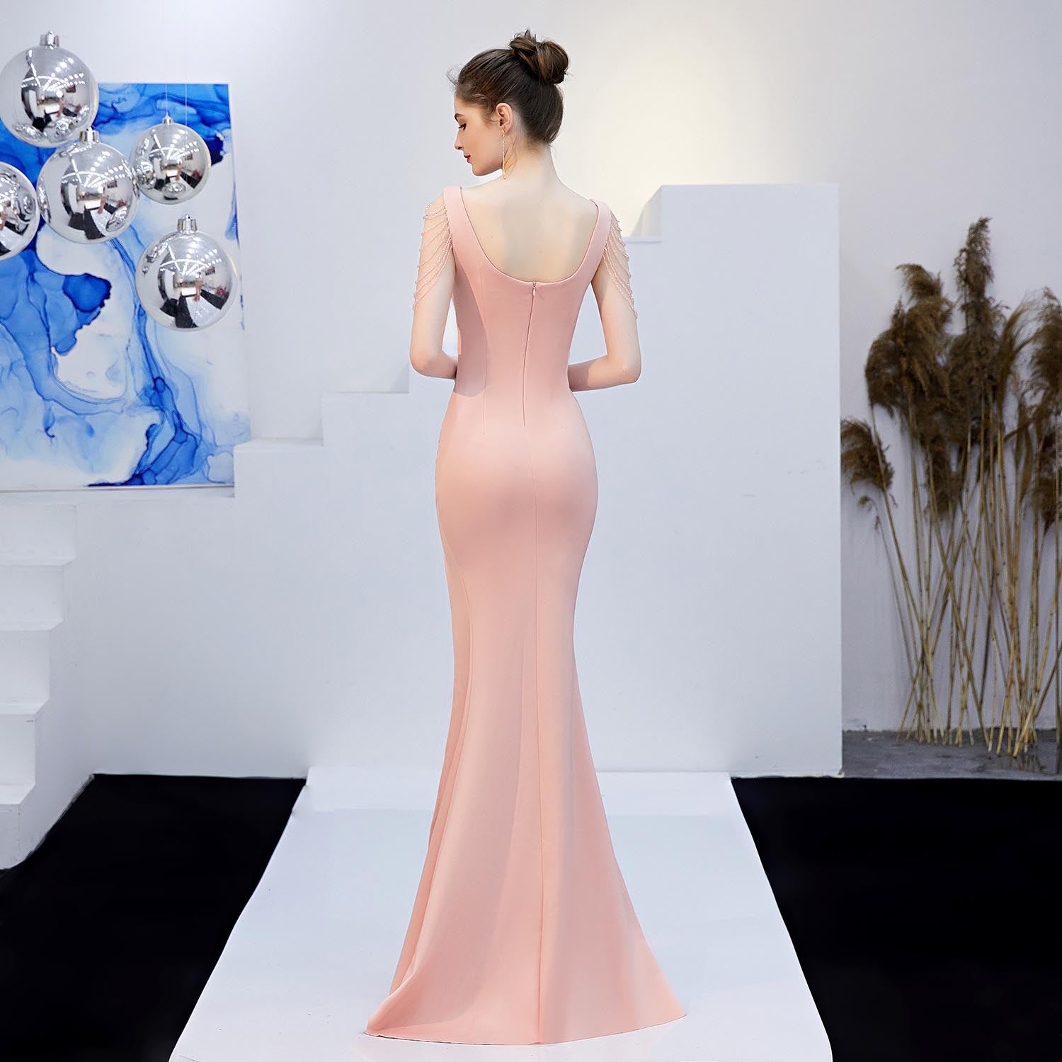 Crystal Beading V Neck Sleeveless Elegant Evening Dress Women