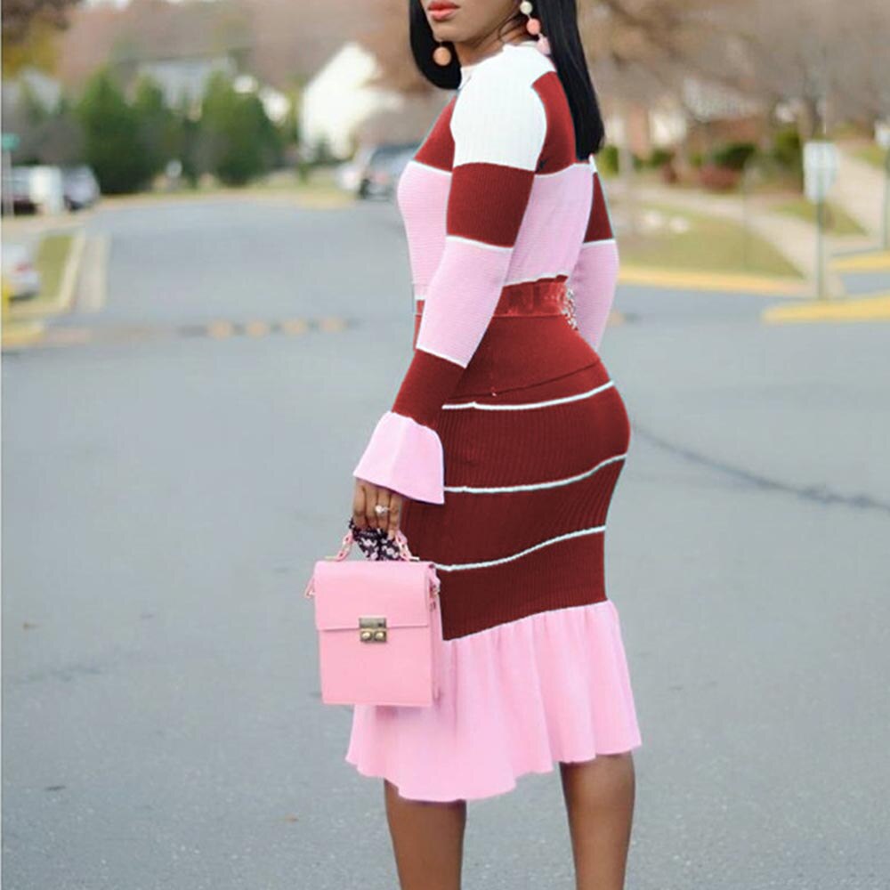 Autumn Patchwork Long Sleeve O Neck Sweater Midi Skirt And Top Set