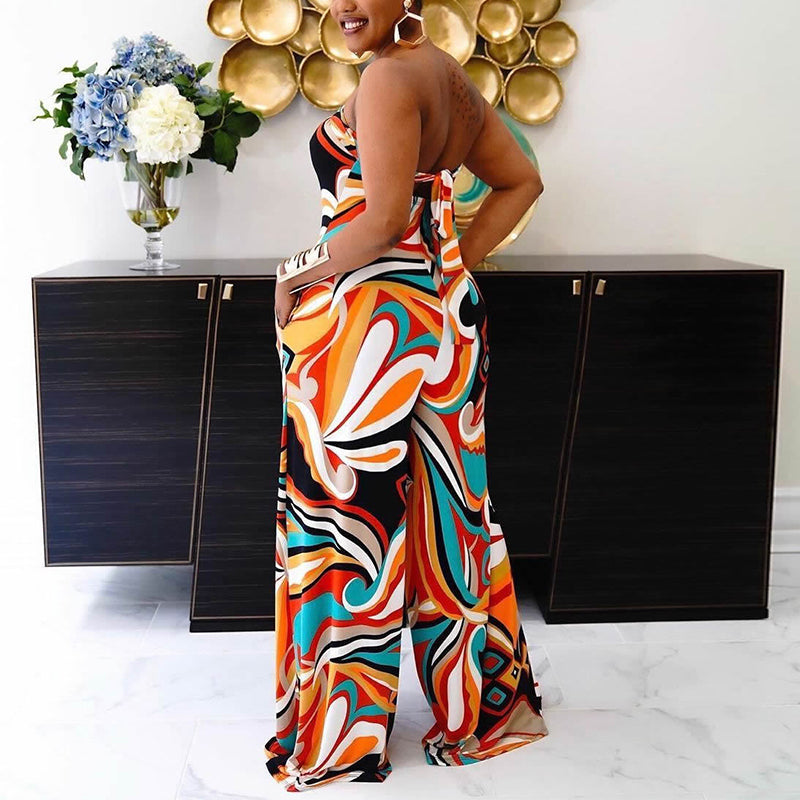 Summer Abstract Printed Tube Wide Leg  Jumpsuit