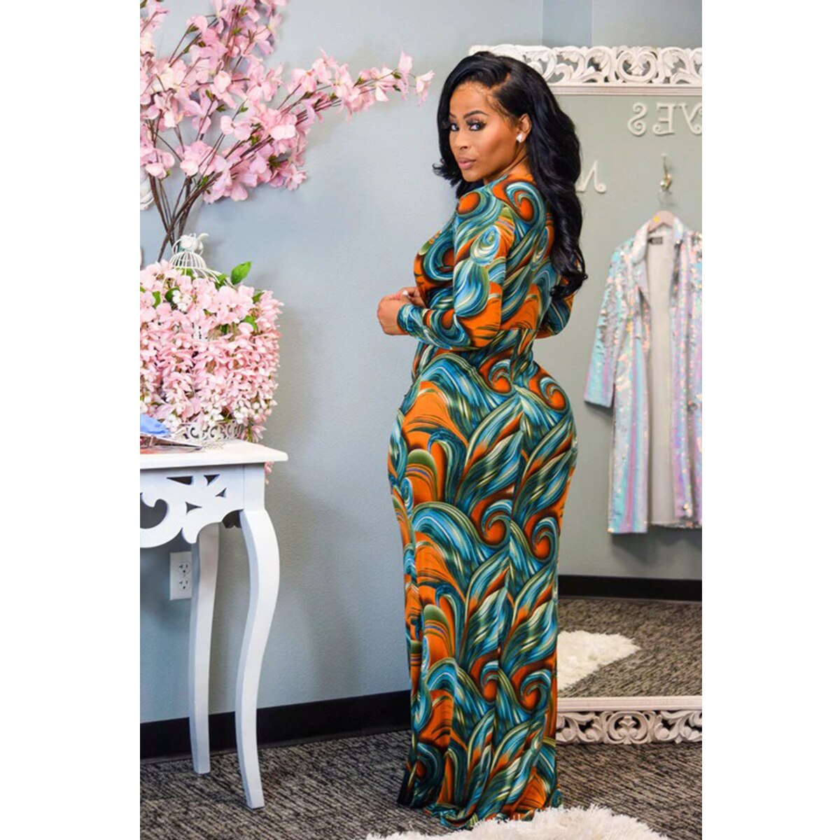 Long Sleeve V Neck Chic Printed Maxi Dress