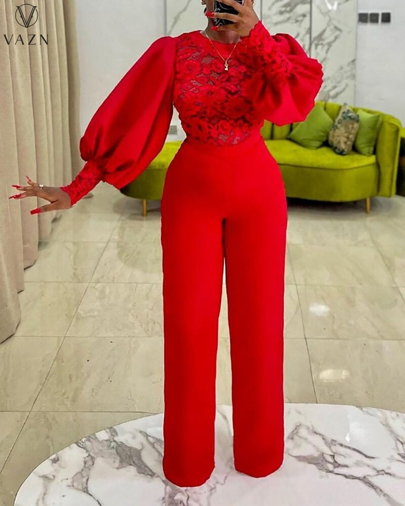 Long Sleeve Round Neck Pure Color Lace Jumpsuits