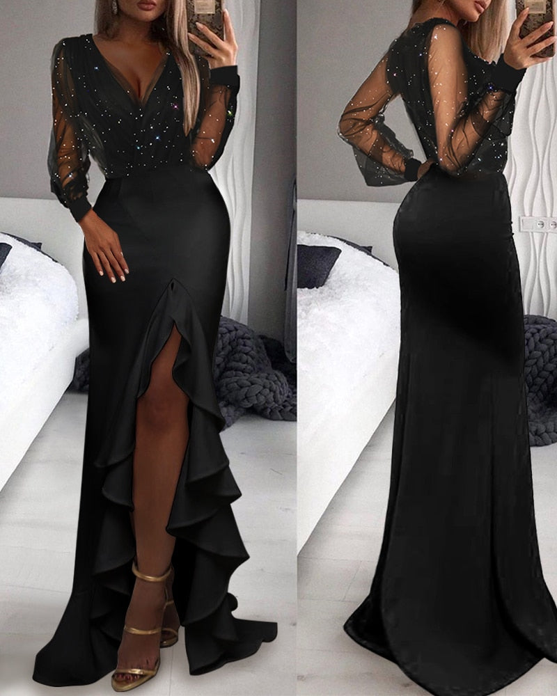 Women Glitter Sheer Mesh Ruffle Hem Dress