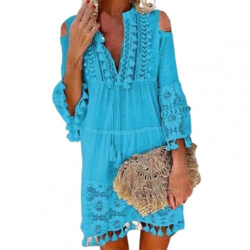 Long Sleeve Tassel Fringe Lace Deep V-Neck Shift Dress