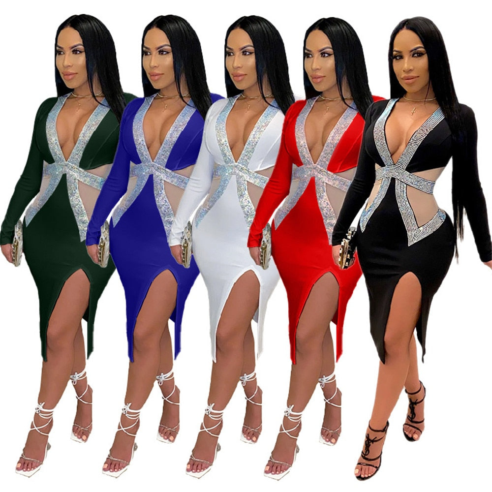 Rhinestone Mesh Patchwork Bodycon Bandage Dress