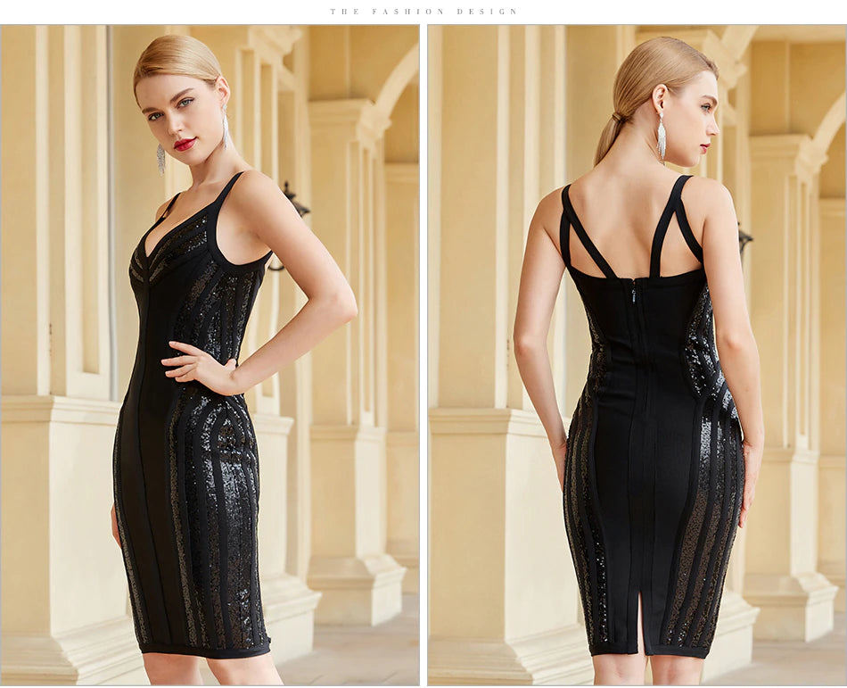 Sexy V Neck Spaghetti Strap Black Sequins Club Bodycon Bandage Dress