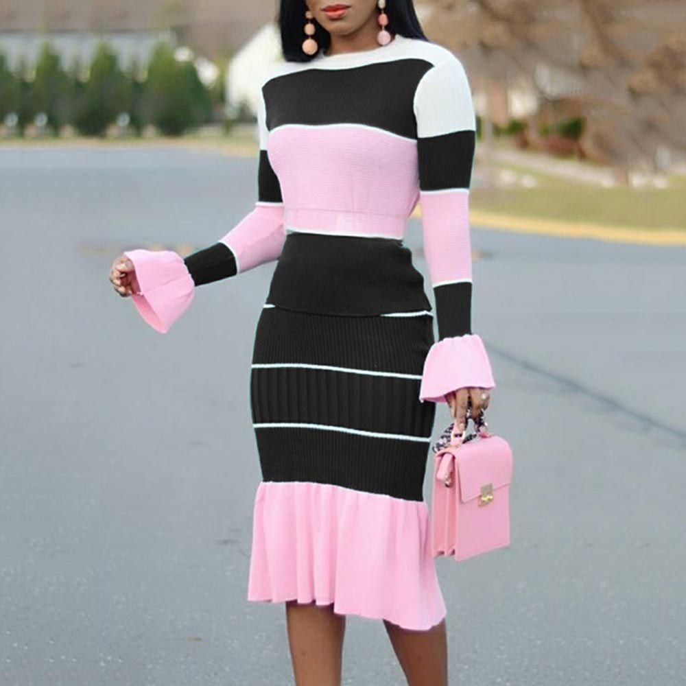 Autumn Patchwork Long Sleeve O Neck Sweater Midi Skirt And Top Set