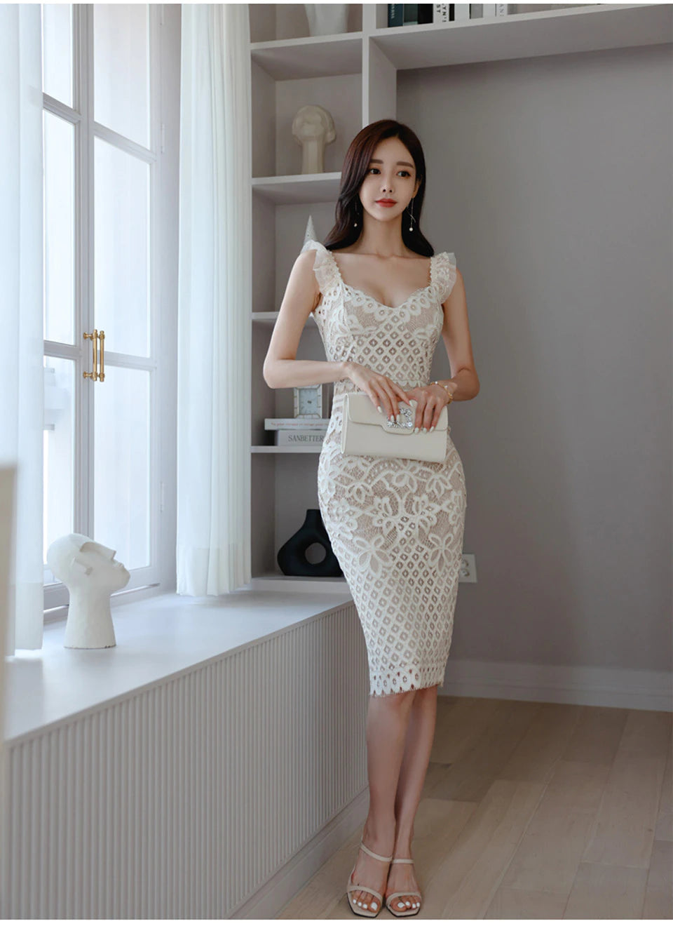Summer High Waist Tight Sleeveless Decorated With Ruffles Sexy Club Lace Dress