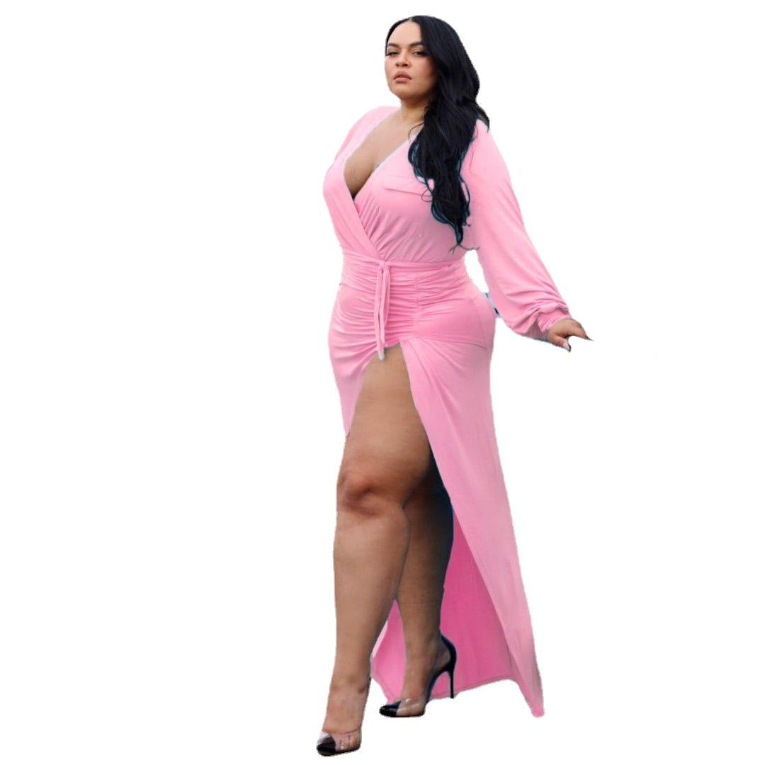 Plus Size Solid Bandage Slited Stretchy Cleavage Sexy Night Party Dress