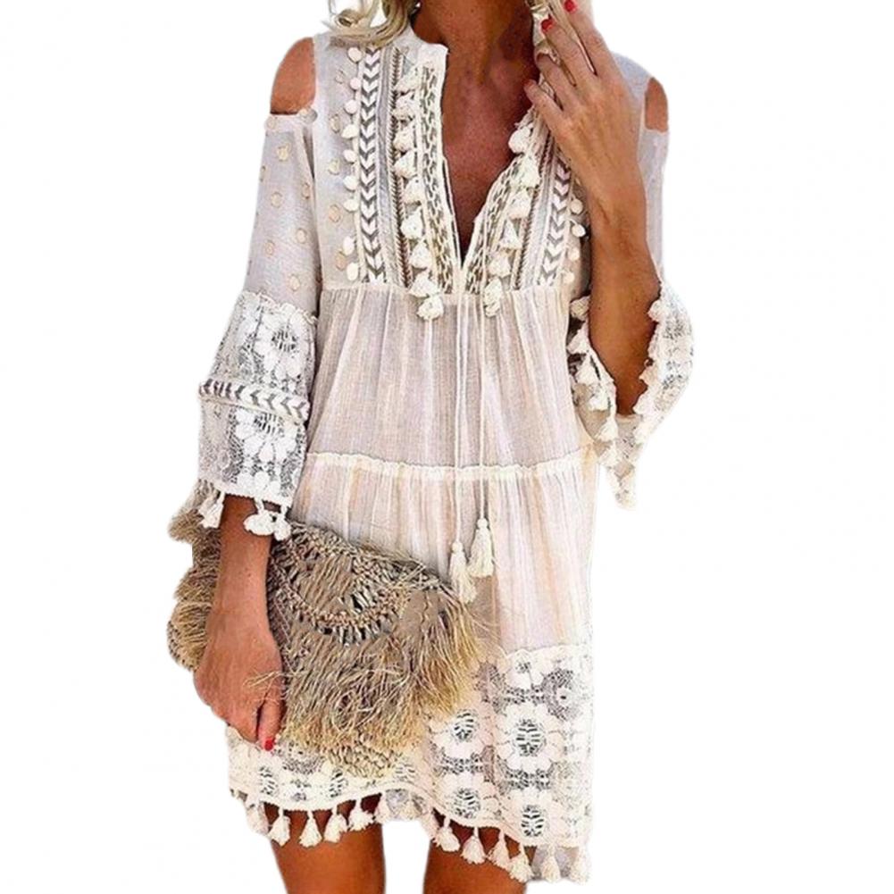 Long Sleeve Tassel Fringe Lace Deep V-Neck Shift Dress