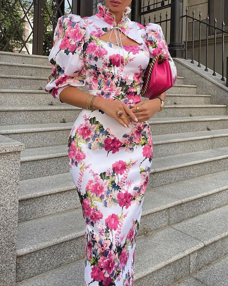 Autumn Floral Print Puff Sleeve Bodycon Dress