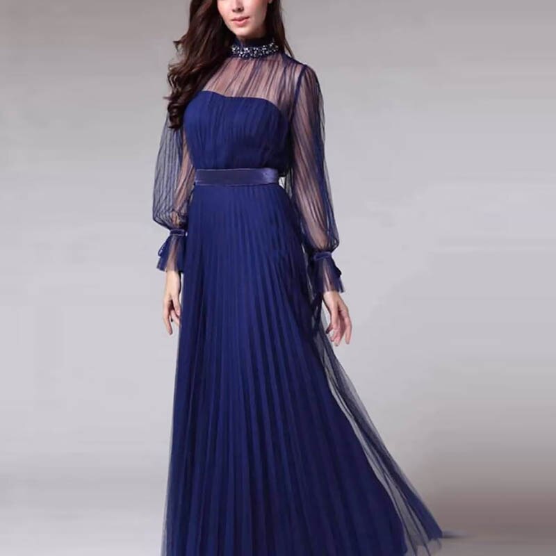 Elegant Women Solid Color Mesh A-line  O-neck Long Sleeve Slim Maxi Dress