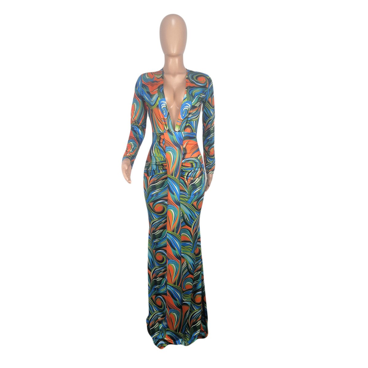 Long Sleeve V Neck Chic Printed Maxi Dress