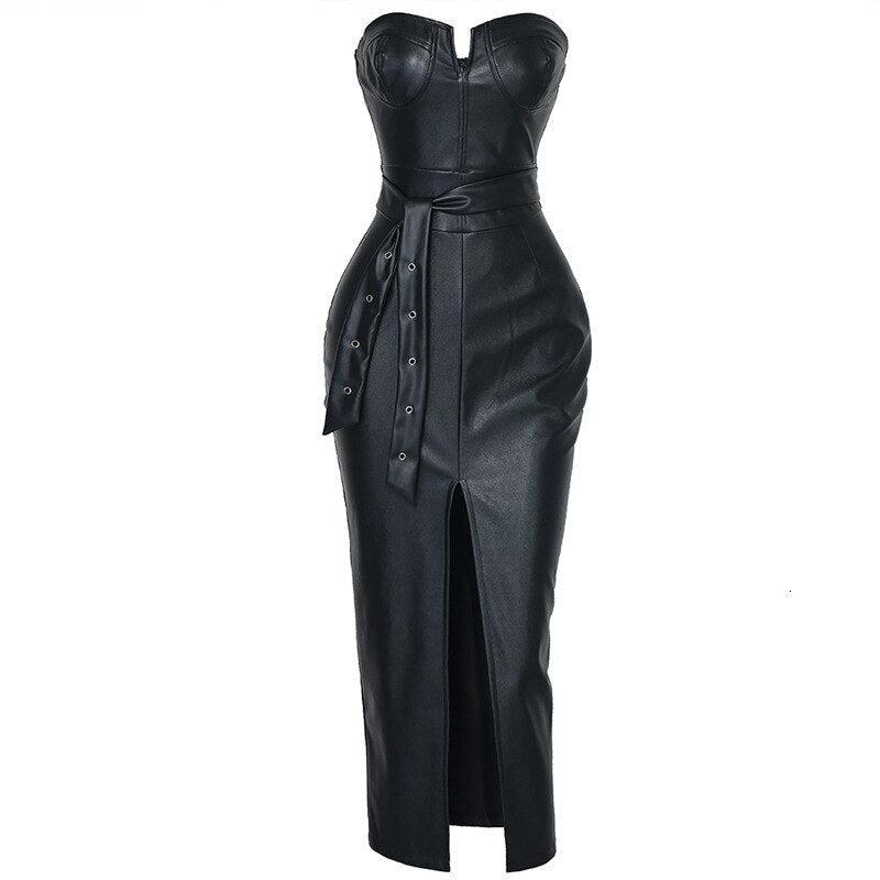 Sexy Backless Off Shoulder PU Leather Midi Dress